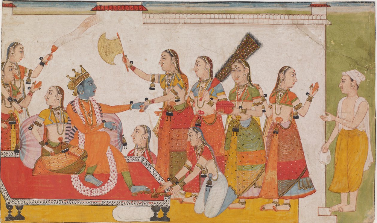 克里希纳欢迎苏达玛，来自<em>Bhagavata Purna</em>。 作者 未知艺术家