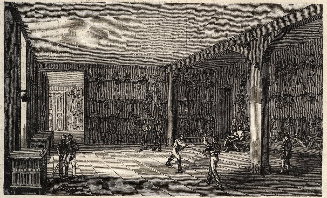 1873年的巴黎综合理工学院--击剑沙龙--1873年在 "杰出世界 "上的版画 作者 未知艺术家