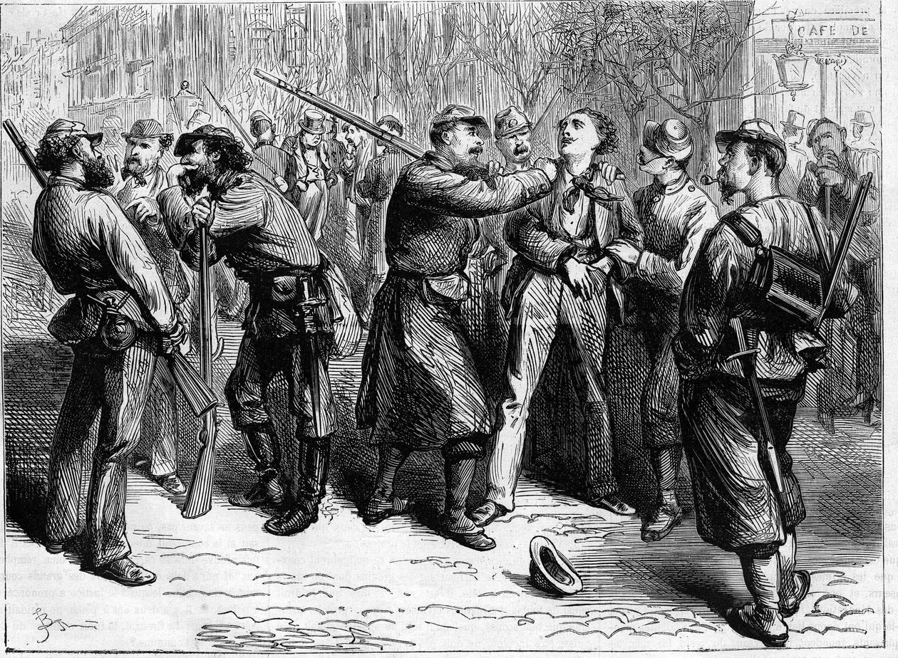 1871 年的巴黎公社。一队联邦调查员逮捕了一名顽固分子。 作者 未知艺术家