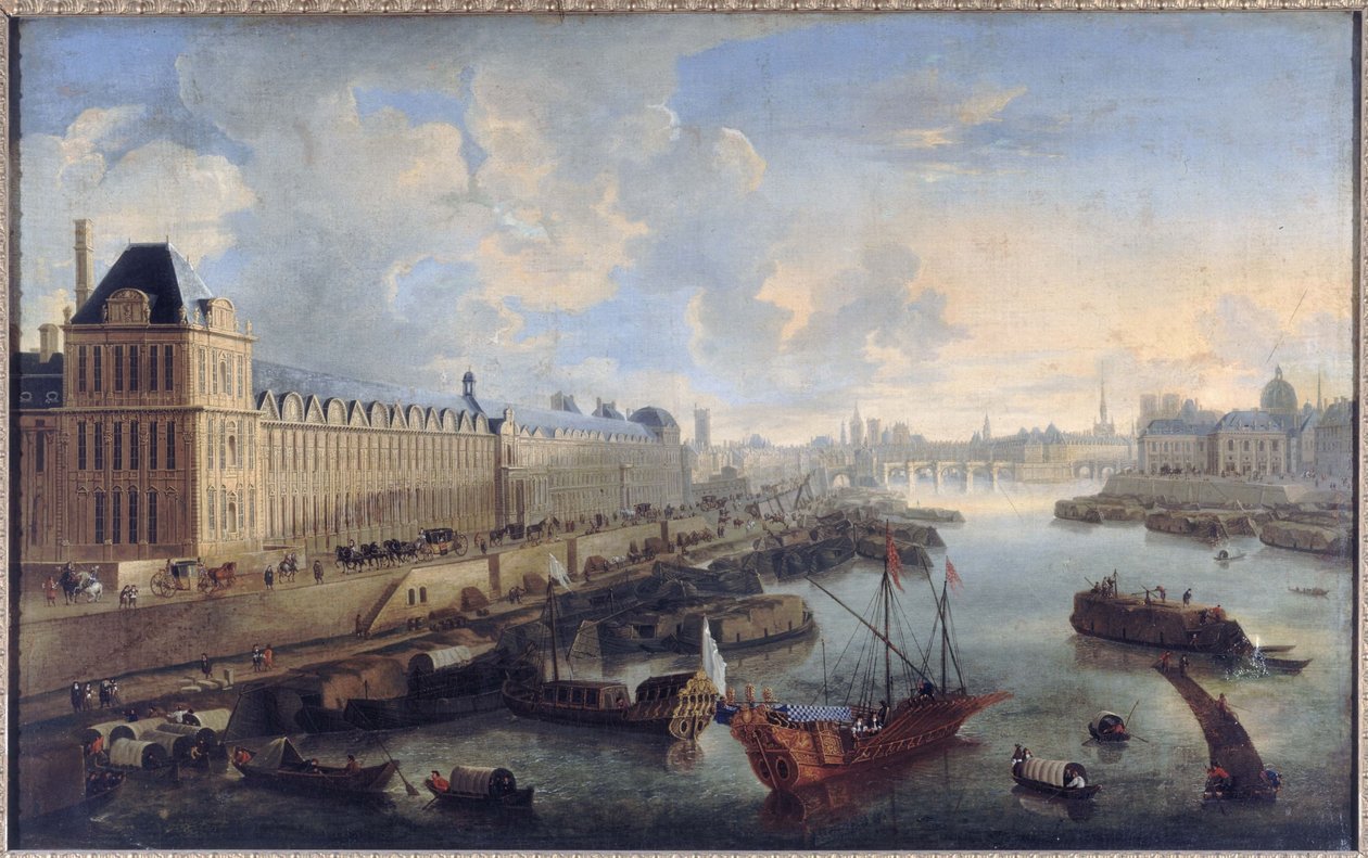 La Grande Galerie du Louvre、le Pont-Neuf、la Cité、le collège des Quatres-Nations，约 1670 年，塞纳河上的皇家帆船，今第一区和第六区，1670 年至 1685 年（布面油画） 作者 未知艺术家