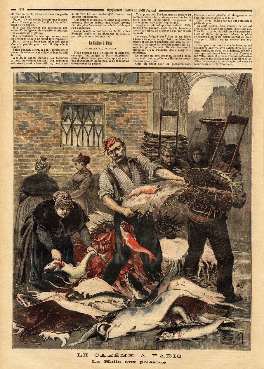 巴黎的鱼市。 雕刻在“”Le petit journal”””4/03/1893。 塞尔瓦收藏。 作者 未知艺术家