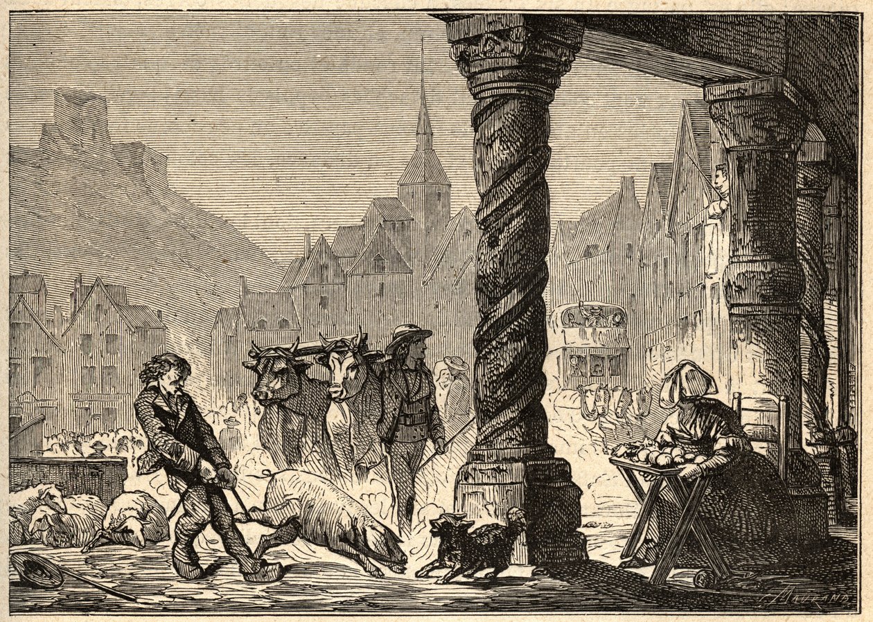 La grande Rue un jour de marche à Dol de Bretagne - "PATRIE "中的雕刻 - LUCIEN HUARD的《法国描述》6卷本 - 19世纪末 作者 未知艺术家