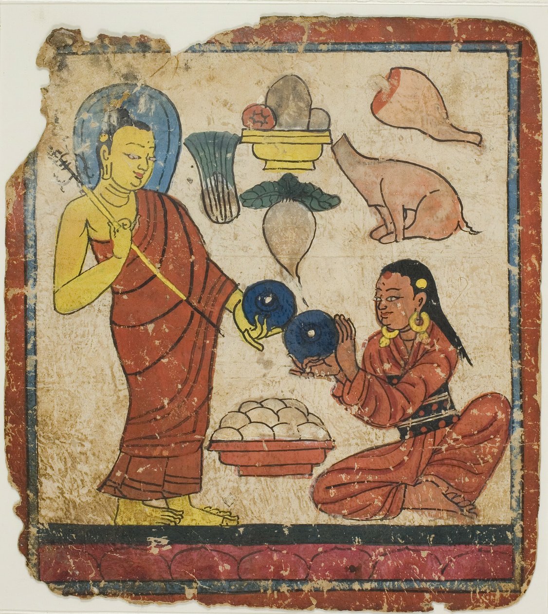 向僧侣供奉食物的女士，选自一套入门卡（查卡利） 作者 未知艺术家