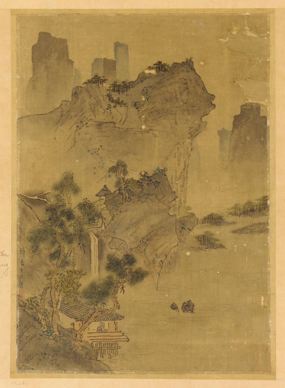 景观：悬水峭壁 - 亭台松树 作者 未知艺术家
