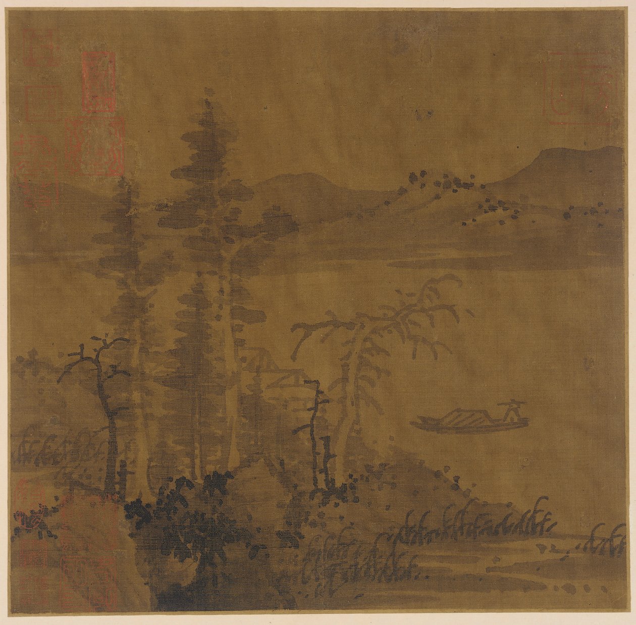 风景：河流和小船，高大的树木和远山 作者 未知艺术家