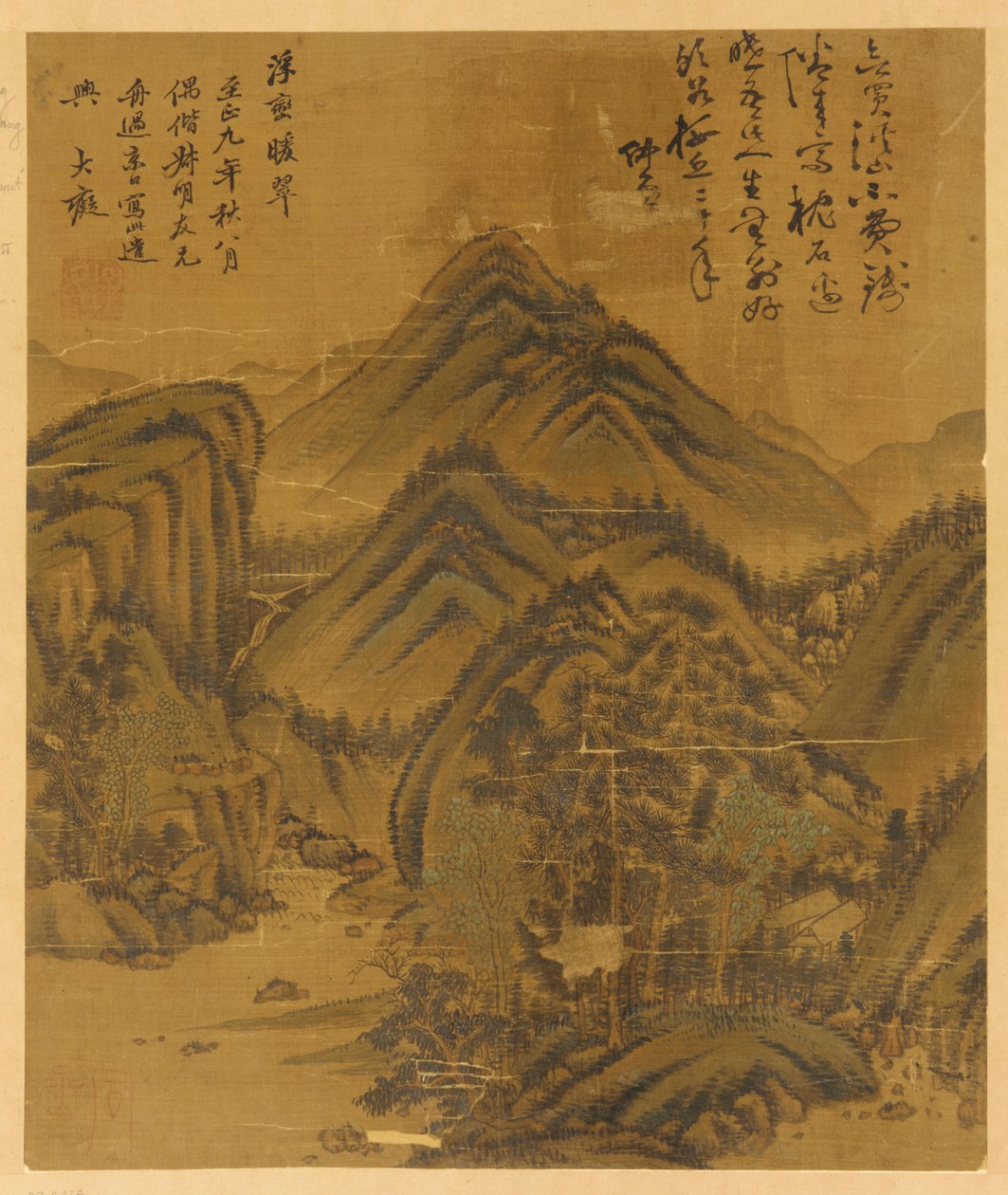 景观：树木、房屋和山间小溪 作者 未知艺术家