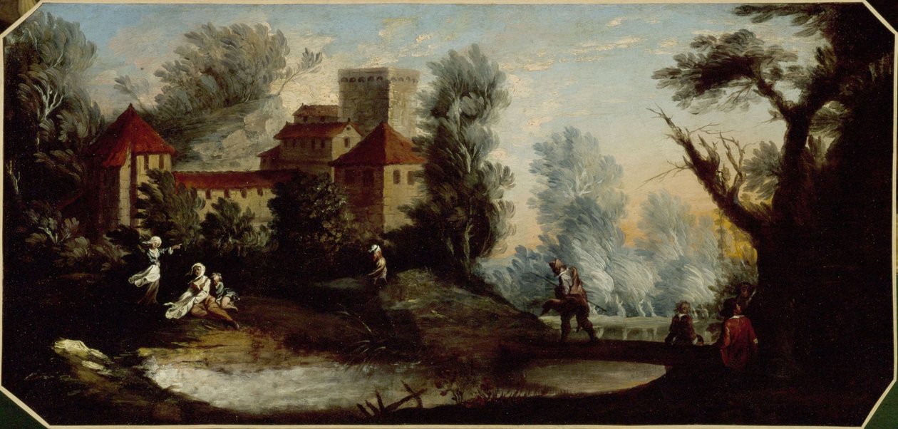有坚固城堡的风景。1701 年至 1800 年（油画） 作者 未知艺术家