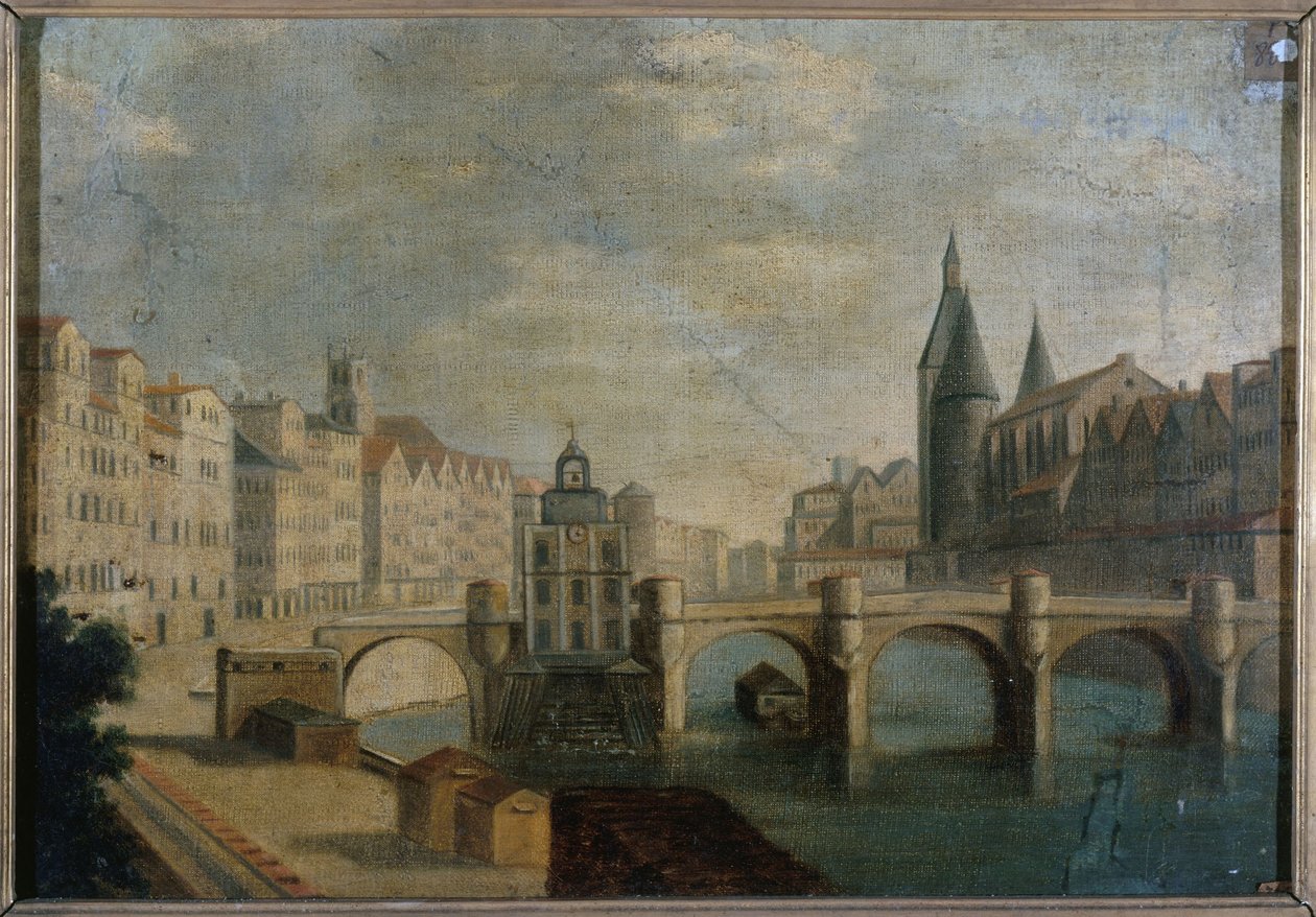 Le Grand Bras du Pont-Neuf et la pompe de la Samaritaine，约 1800 年，今第一区，1795 年至 1805 年间（布面油画） 作者 未知艺术家
