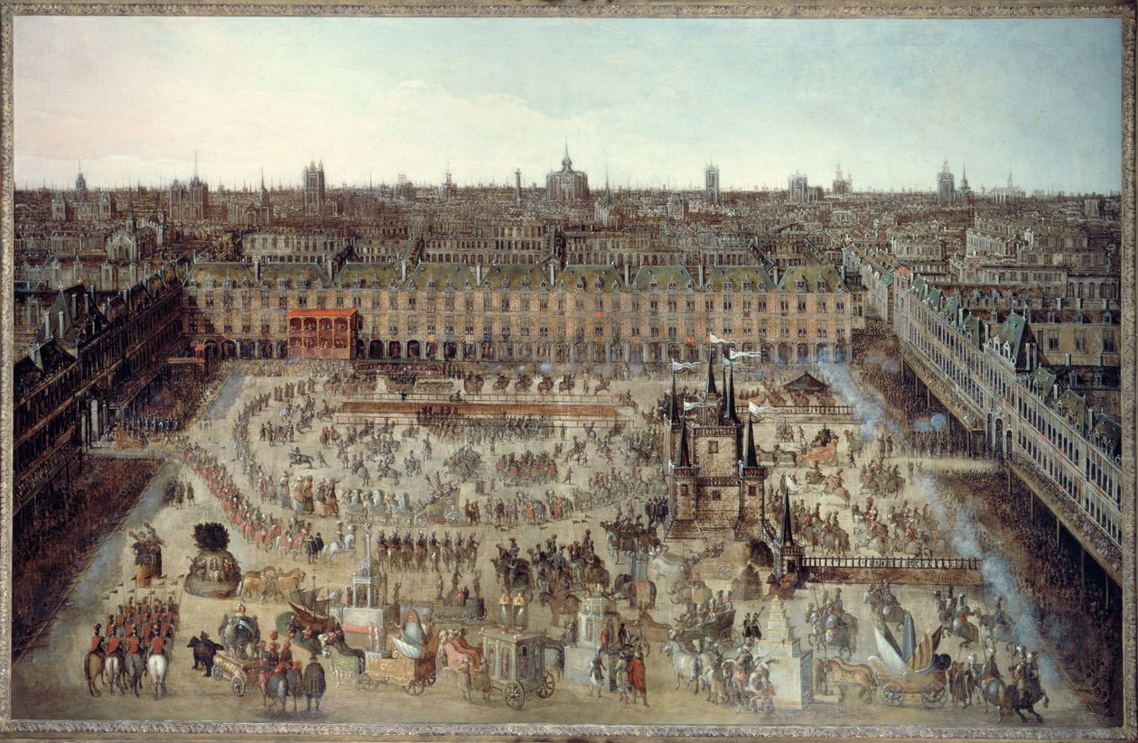 Roman des chevaliers de la gloire"，1612 年 4 月 5 日至 7 日为庆祝路易十三与奥地利的安妮结婚而举行的盛大旋转木马，皇家广场，约 1612 年（布面油画） 作者 未知艺术家