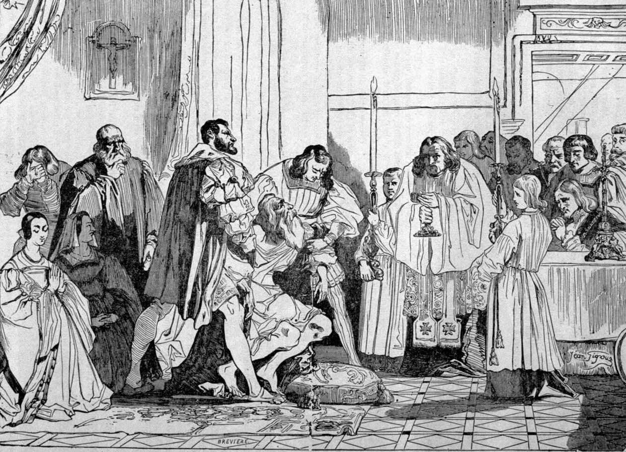 Leonardo da Vinci (Leonard de Vinci) dying in the arms of Francois I (1494 - 1547) in 1519 at Clos Luce. engraving. 作者 未知艺术家