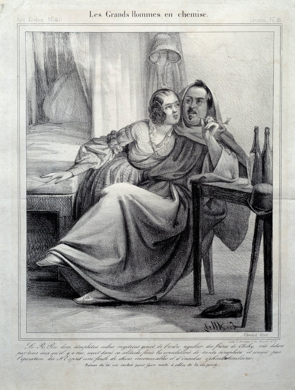 Les grands hommes en chemise 代表作家 Honore de Balzac (1799-1850) 在抽烟时缠住一名年轻女子。 E. Allet（19 世纪）巴黎，巴尔扎克之家的插图 作者 未知艺术家
