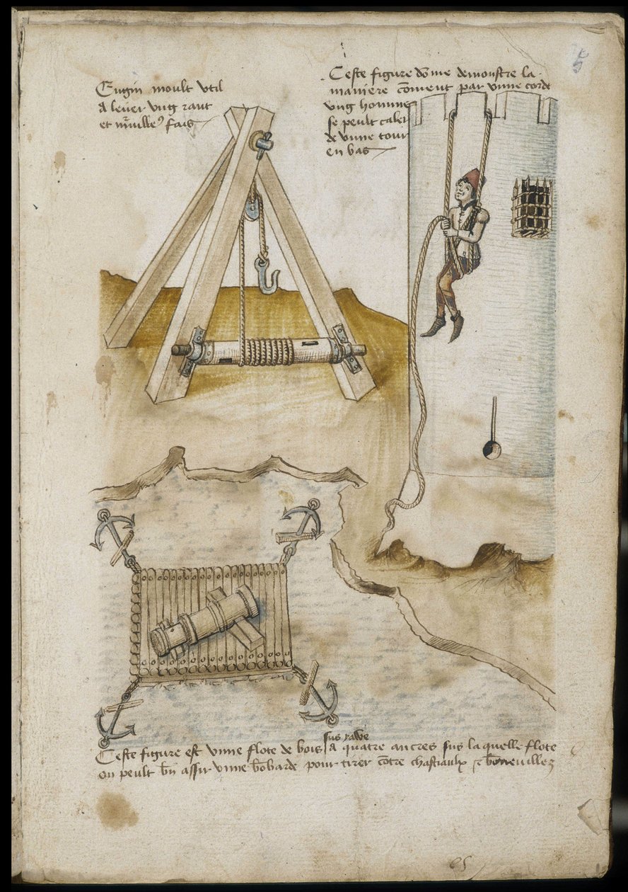 Lever machine and system for climbing a tower using a rope - Manuscript: parchment sheet of an engineer