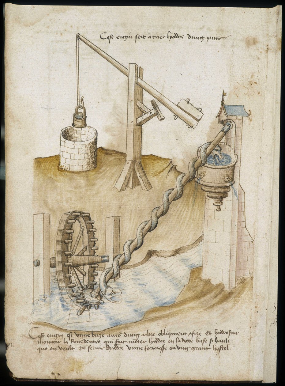 Lever systems for wells and water supply by screw wheel - Manuscript: parchment sheet of an engineer
