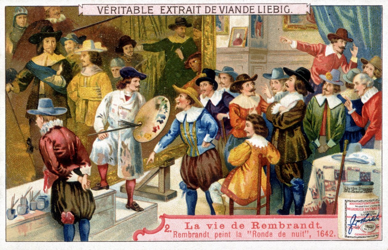 Liebig chromolithography on the life of Rembrandt (1606 - 1669), Dutch painter.Here the night round in 1642. 作者 未知艺术家