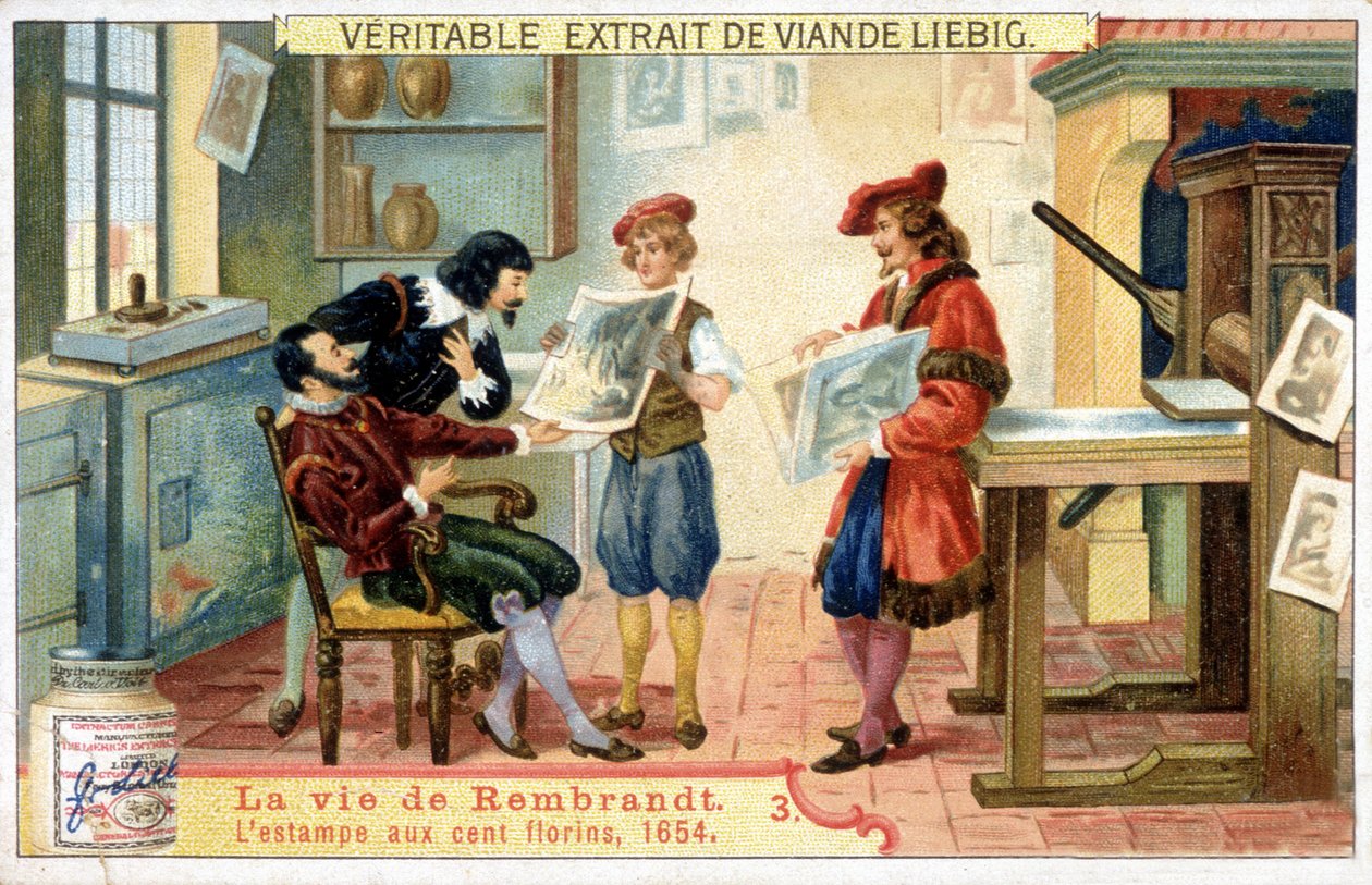 Liebig chromolithography on the life of Rembrandt (1606 - 1669) Dutch painter. This is the 100 guilder print in 1654. 作者 未知艺术家