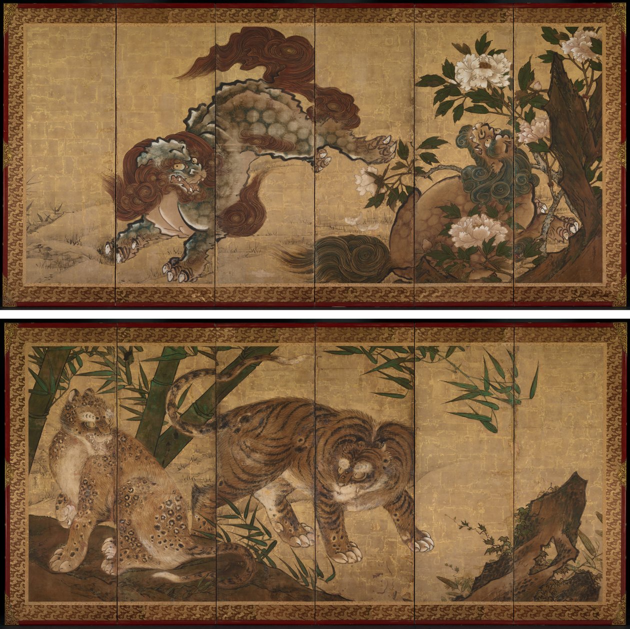 牡丹和竹子中的狮子和老虎 作者 未知艺术家