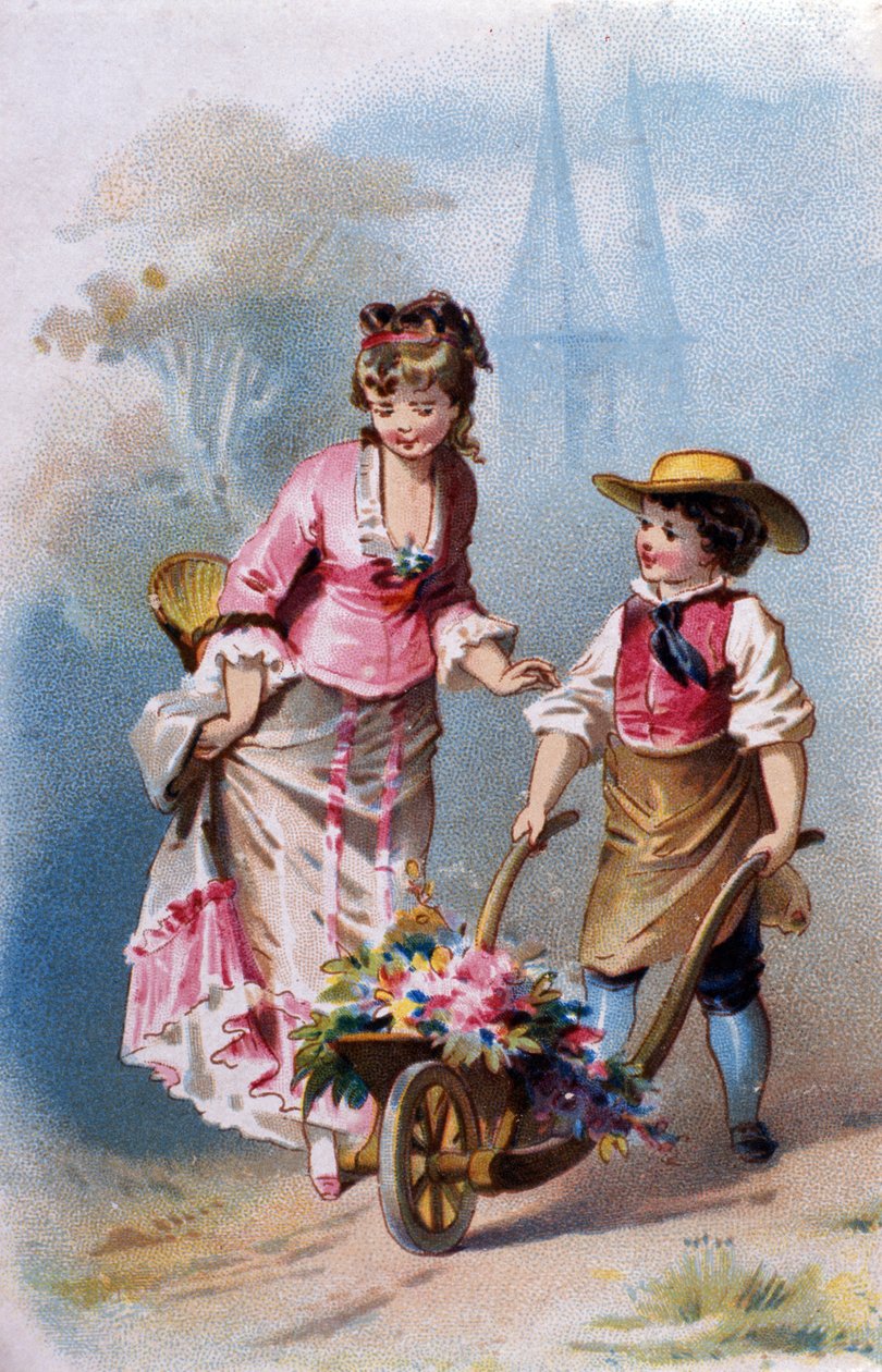 Little gardener: a young boy with a wheelbarrow full of flowers talks with a young woman on the way to a village. chromolithograph 1880. 作者 未知艺术家