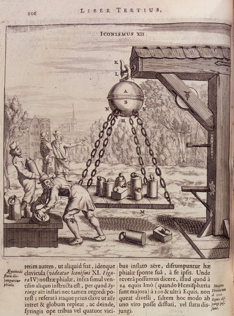 Loading suspended Magdeburg hemispheres - in “Ottonis de Guericke: Experimenta Nova Magdeburgica de vacuo spatio”” by Otto von Guericke (Otto de Guericke 作者 未知艺术家