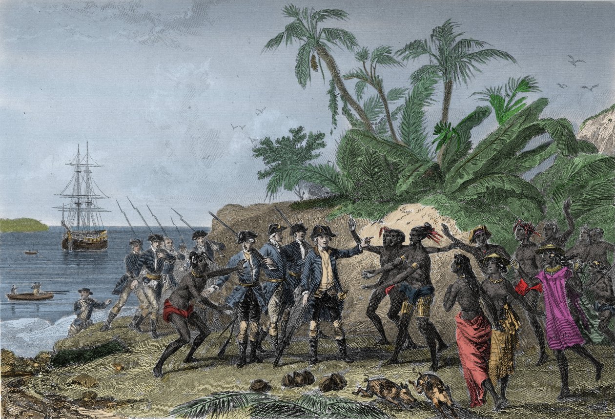 4 月 6 日，法国航海家布干维尔的路易斯·安托万 (Louis-Antoine)（1729-1811 年）在大溪地的侯爵群岛发表讲话 作者 未知艺术家