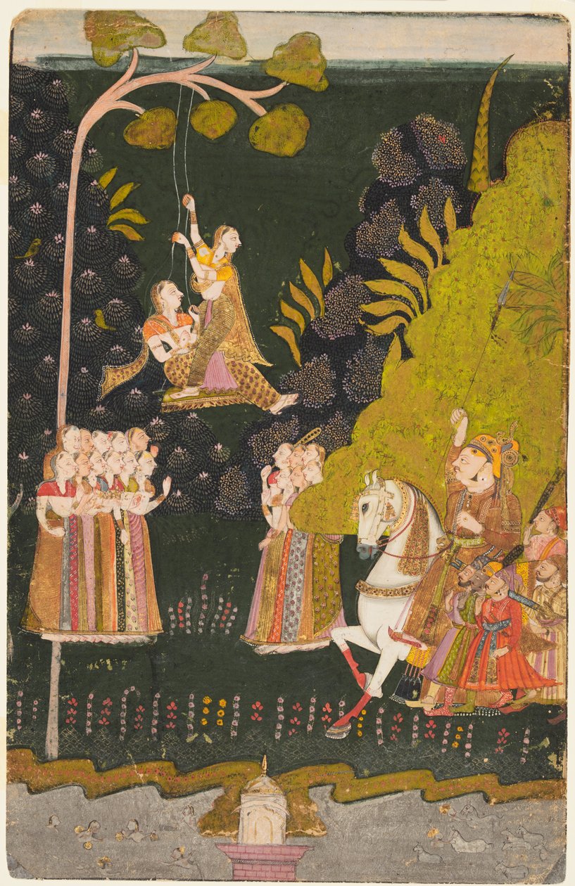 马尔瓦尔的阿布海-辛格大君（1724-49 年在位），马术师，观看女孩们荡秋千
在 Teej 节上 作者 未知艺术家