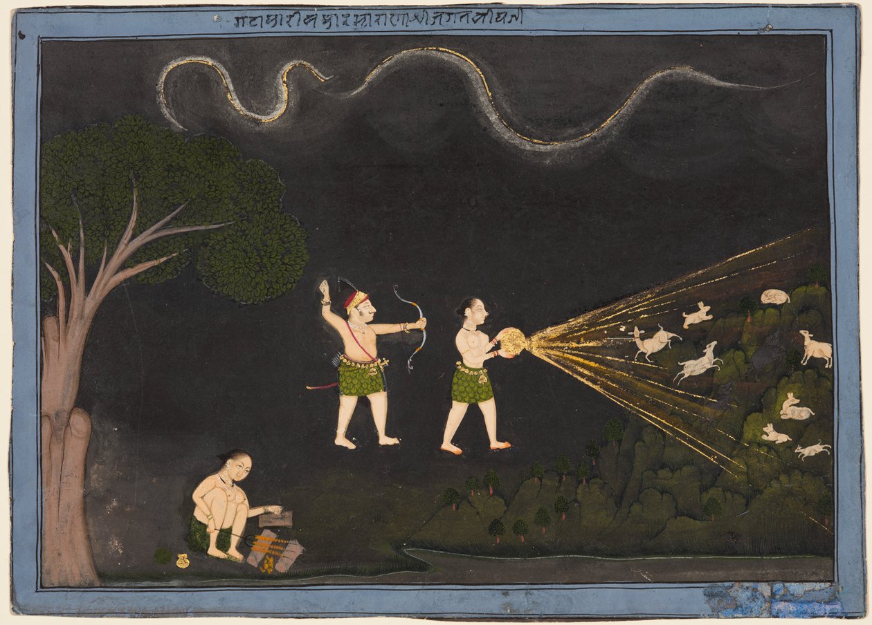 梅瓦尔的贾格特-辛格二世大君（1734-51 年在位），身着比勒族服饰，夜间猎鹿 作者 未知艺术家