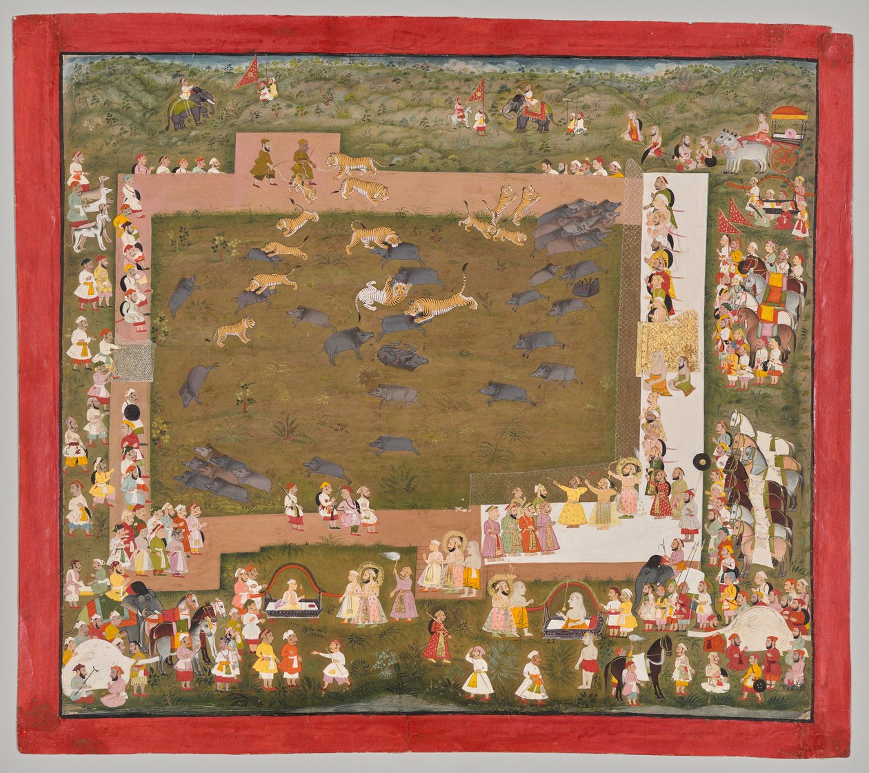 梅瓦尔的桑格拉姆-辛格二世大君（1710-1734 年在位）在萨德里与老虎一起狩猎野猪 作者 未知艺术家