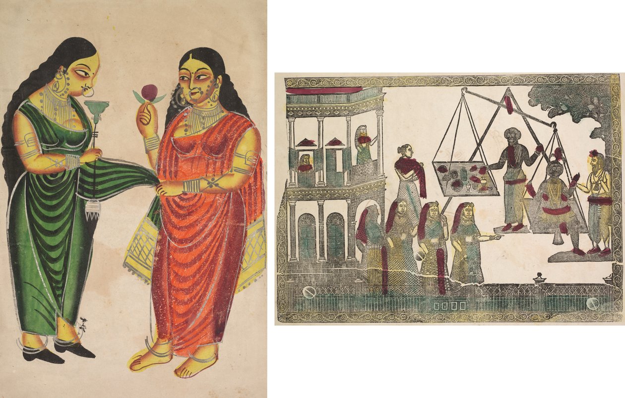 女仆将胡克哈拿给一位女士（正面）；克里希纳与珍贵物品（？ 作者 未知艺术家