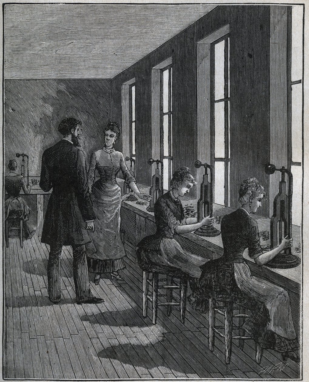 金属羽毛的制造：19世纪法国的装饰画作坊。1885年阿道夫-比塔尔（Adolphe BITARD）在 "Les arts et metiers illustrstres "中的雕刻。 作者 未知艺术家