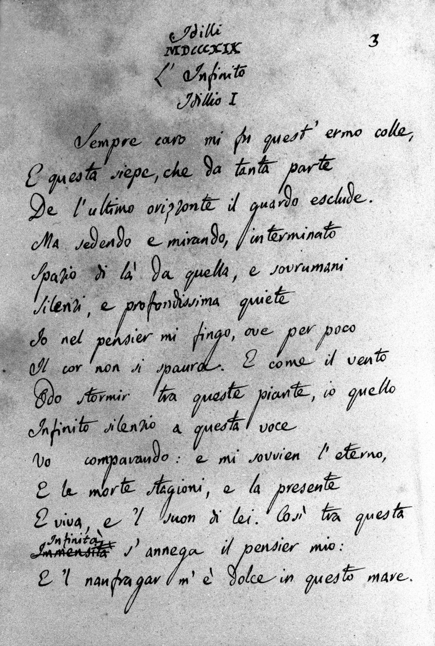 19 世纪意大利诗人贾科莫·莱奥帕尔迪 (Giacomo Leopardi) (1798 - 1837) 的“伊迪利”（田园诗）手稿 作者 未知艺术家