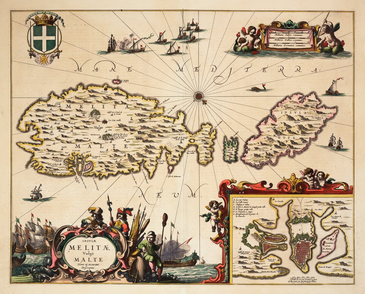 马耳他和戈佐地图，约 1650 年（彩色雕刻） 作者 未知艺术家