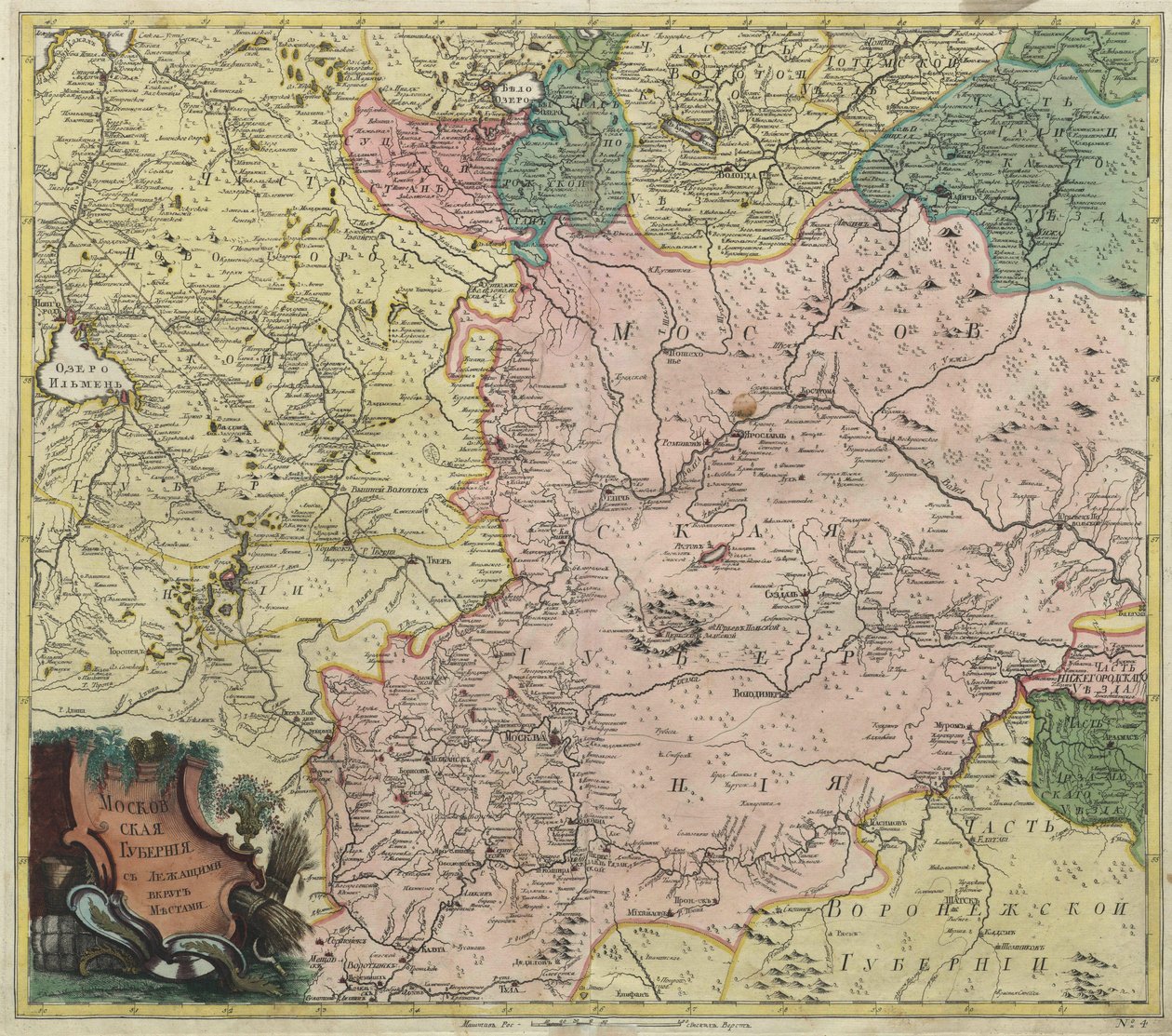 莫斯科州及邻近省份部分地区地图 - 无名氏 - 1745 - 铜版画、水彩画 - 圣彼得堡科学院 作者 未知艺术家