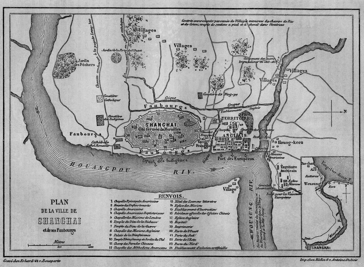 1860 年上海城市地图、中国老城景观和 1860 年外国租界。《世界游记，Nouveau journal des Voyages》地图，Edouard Charton 编辑，巴黎 作者 未知艺术家