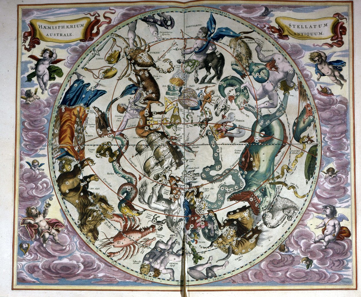根据安德烈·塞拉里乌斯 (André Cellarius) 的“宏大宇宙”(Harmonia Macrocosmica) 的说法，天空地图和黄道十二宫的标志 - 代表南方天空星座的古代作品的复制品 作者 未知艺术家