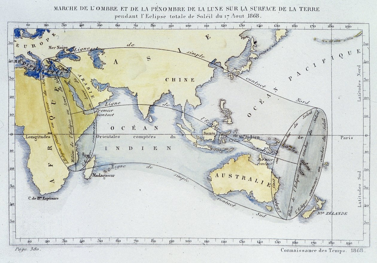 经度局出版的地图，显示了1868年月食期间月球的阴影和黑暗在地球表面的行进情况 作者 未知艺术家