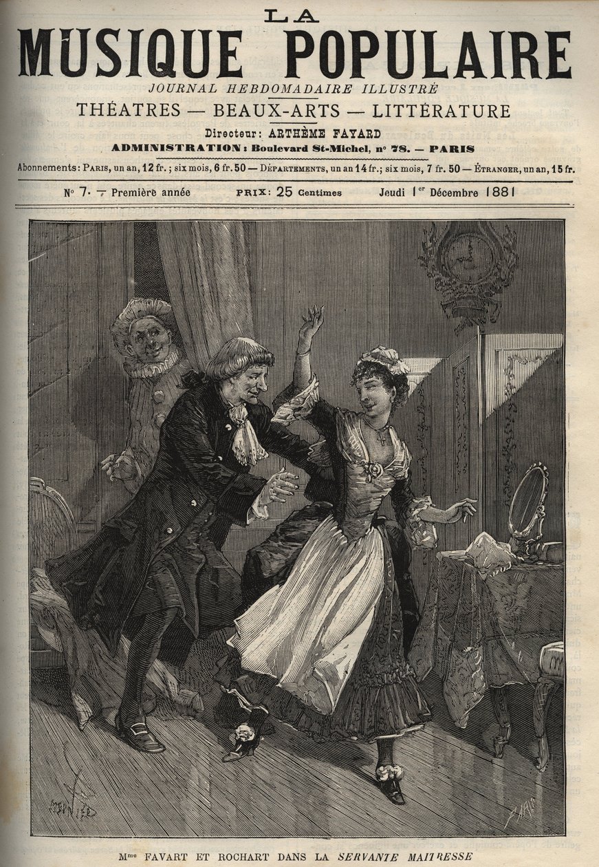 Marie Justine Benoite Duronceray，被称为Favart夫人，和Rochart（罗夏尔）在Pergolese（乔瓦尼-巴蒂斯塔-佩尔戈莱西）的 "Servante Maitresse"（Serva padrona）中--《流行音乐》杰出周报上的雕刻 - 1882年 作者 未知艺术家