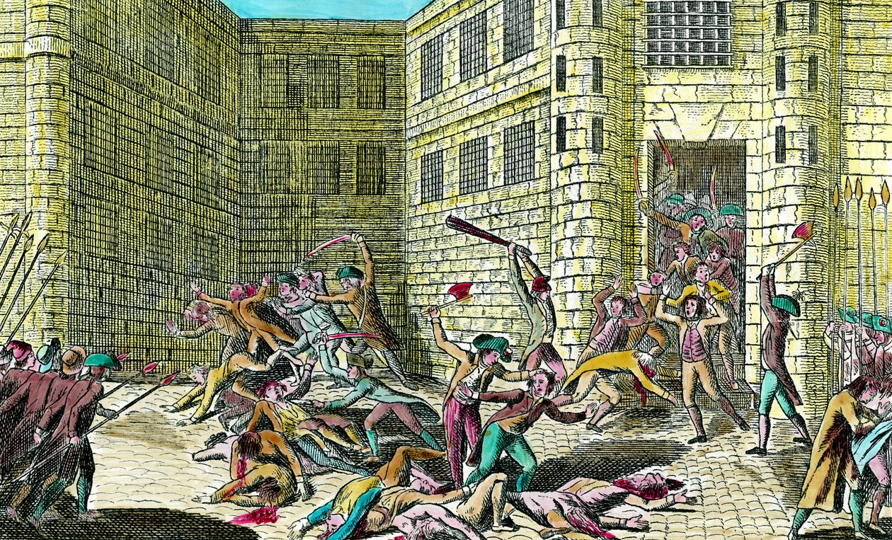 1792 年 9 月，人民屠杀了圣日耳曼修道院的囚犯。法国大革命的场景。 18 世纪的雕刻。 私人收藏。 作者 未知艺术家