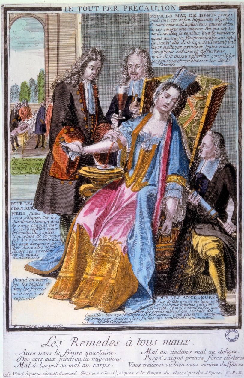 Medicine: “” all by precaution”” Caricature depicting three doctors surrounding a young woman who fainted and offering all kinds of treatments and remedies according to the ailments (bleeding, stings, enemas, potions). In the background, doctors hide signs 作者 未知艺术家