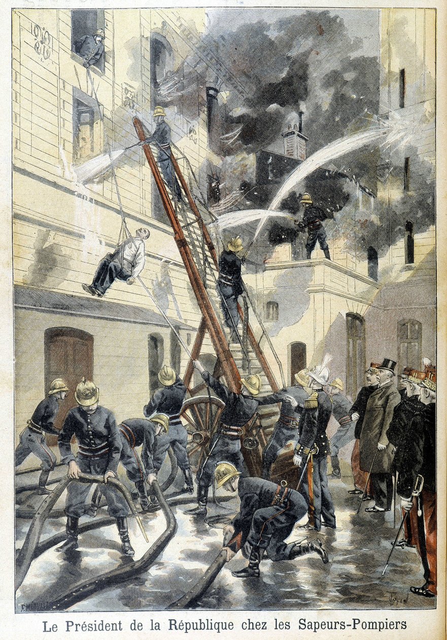共和国总统费利克斯-福尔在干预火灾期间与消防员的会面。1898年 "小报 "的插图。 作者 未知艺术家