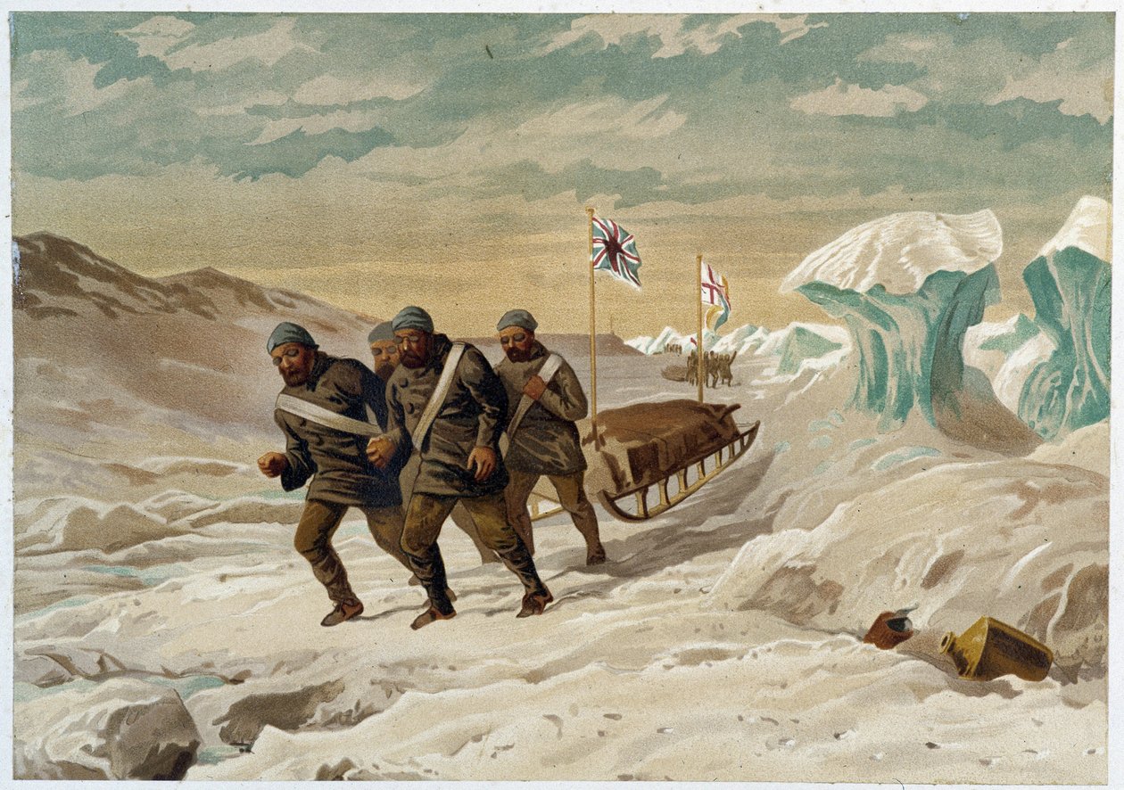 冰上的人和雪橇——在“极地海岸，北极探险记叙文”中，作者：Edward Moos 博士，Marcus Nard & Co，伦敦 作者 未知艺术家