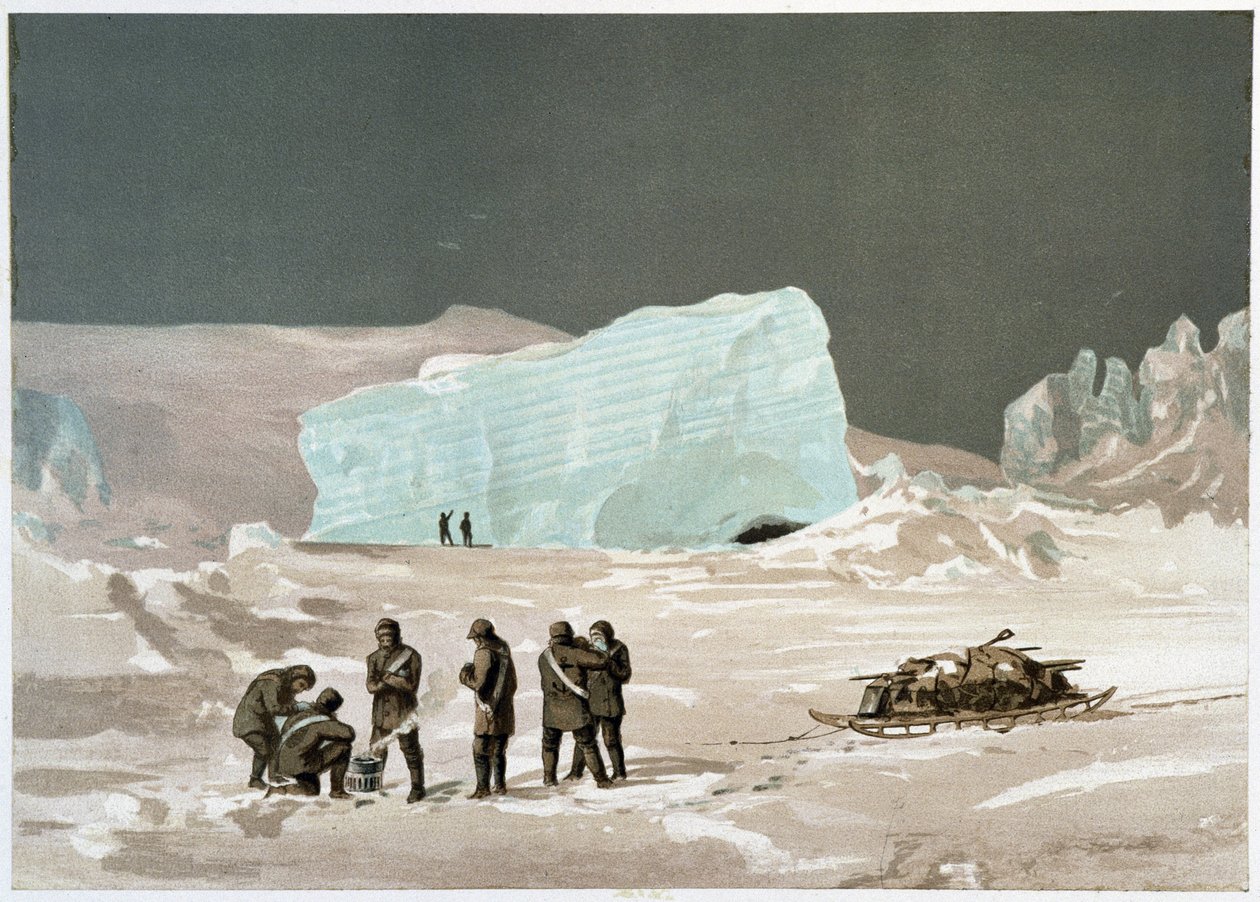 冰上的人和雪橇——在“极地海岸，北极探险记叙文”中，作者：Edward Moos 博士，Marcus Nard & Co，伦敦 作者 未知艺术家