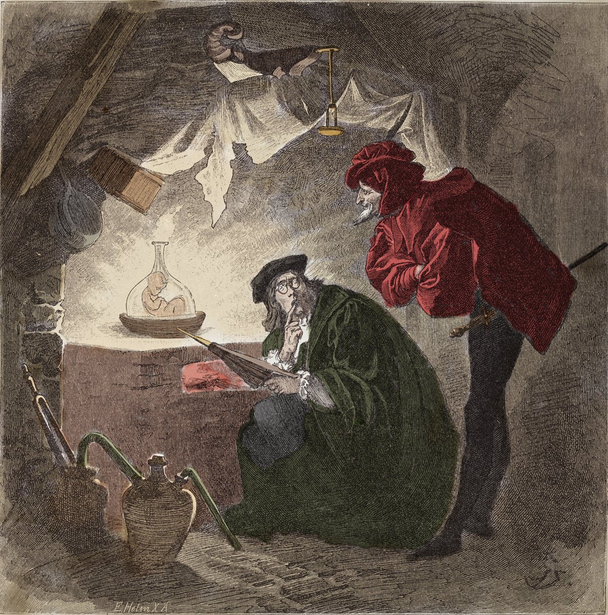 梅菲斯托费勒斯 (Mephisto) a Faust 插图 de “” Faust ”” by Johann Wolfgang von Goethe (1749-1832)（插图为“浮士德”“”by Goethe）雕刻 作者 未知艺术家