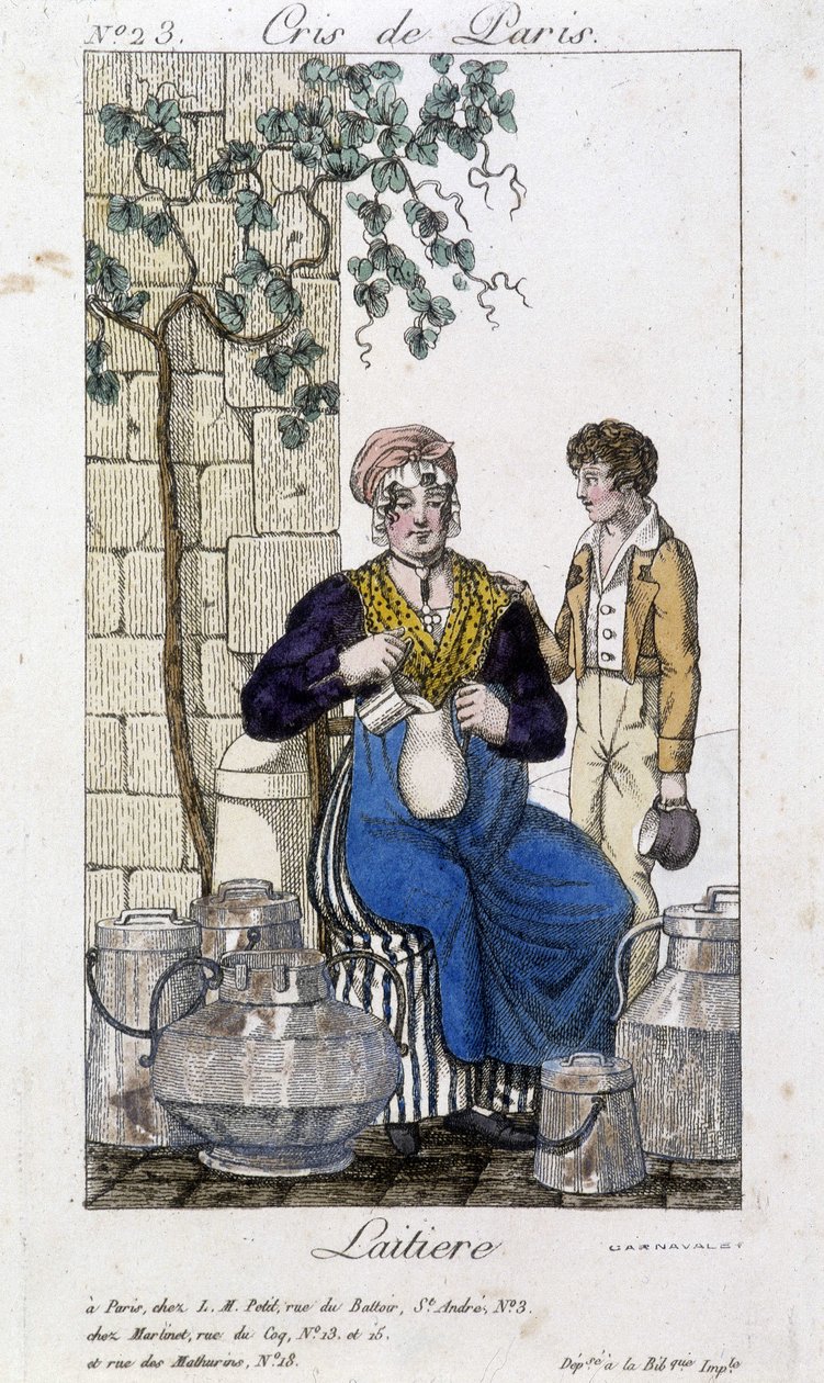 Milk pouring milk into a bottle for a young man - in “” Cris de Paris””, deb. 19th century 作者 未知艺术家
