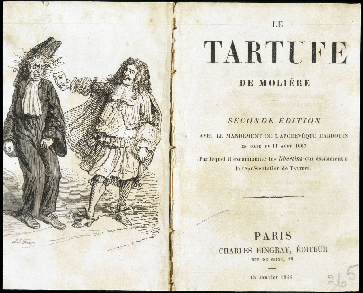 Moliere frightening an ecclesiaste using a theatre mask - Frontispice du “Tartuffe”” (Tartufe) de Molière, ed. Hingray, Paris 作者 未知艺术家