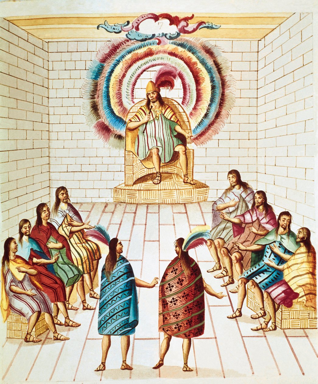 Montezuma（或 Moctezuma II），阿兹特克皇帝（1466-1520）和他的议会水彩画，取材于 Diego Garcia Panes（1730-1811）墨西哥城，国家图书馆的“Teatro de la Nueva Espana” 作者 未知艺术家