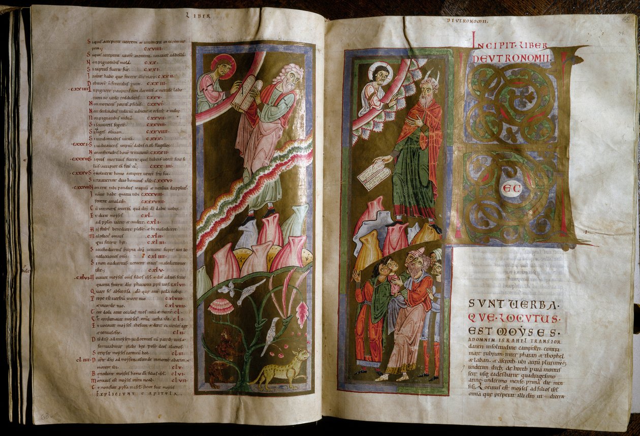 摩西接受律法表 "Gebhardt Bibel"(Admont)手稿的双页(f.68v., 69r) 12世纪 维也纳 Osterreischische Nationalbibliothek 作者 未知艺术家