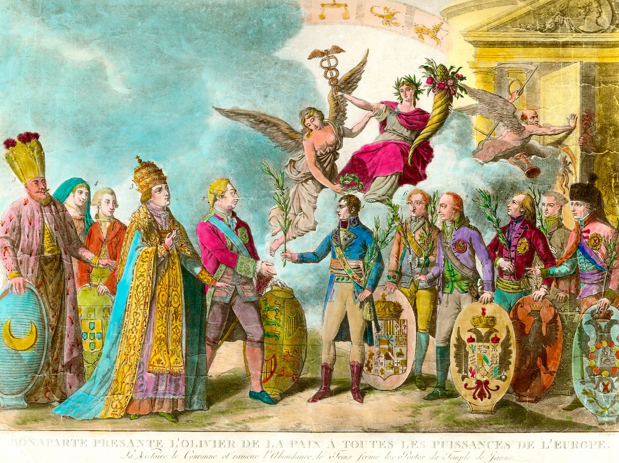 拿破仑·波拿巴（Napoleon Bonaparte，1769-1821 年）向欧洲列强献上和平的橄榄树。 雕刻 1801 私人收藏 作者 未知艺术家