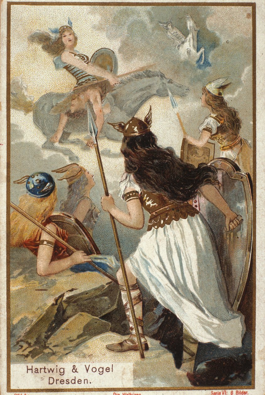 北欧的神话故事。Valholl（或Walhalla，Valhalla，Valhalle：勇敢的战士被带到的地方）的Walkyries（处女战士）和战士在战斗中的倒下。 19世纪的彩色石版画 作者 未知艺术家