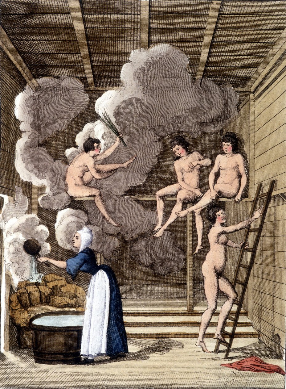 Nude characters in a Filandan sauna. Engraving from 1811 includes a book about the journey. 作者 未知艺术家