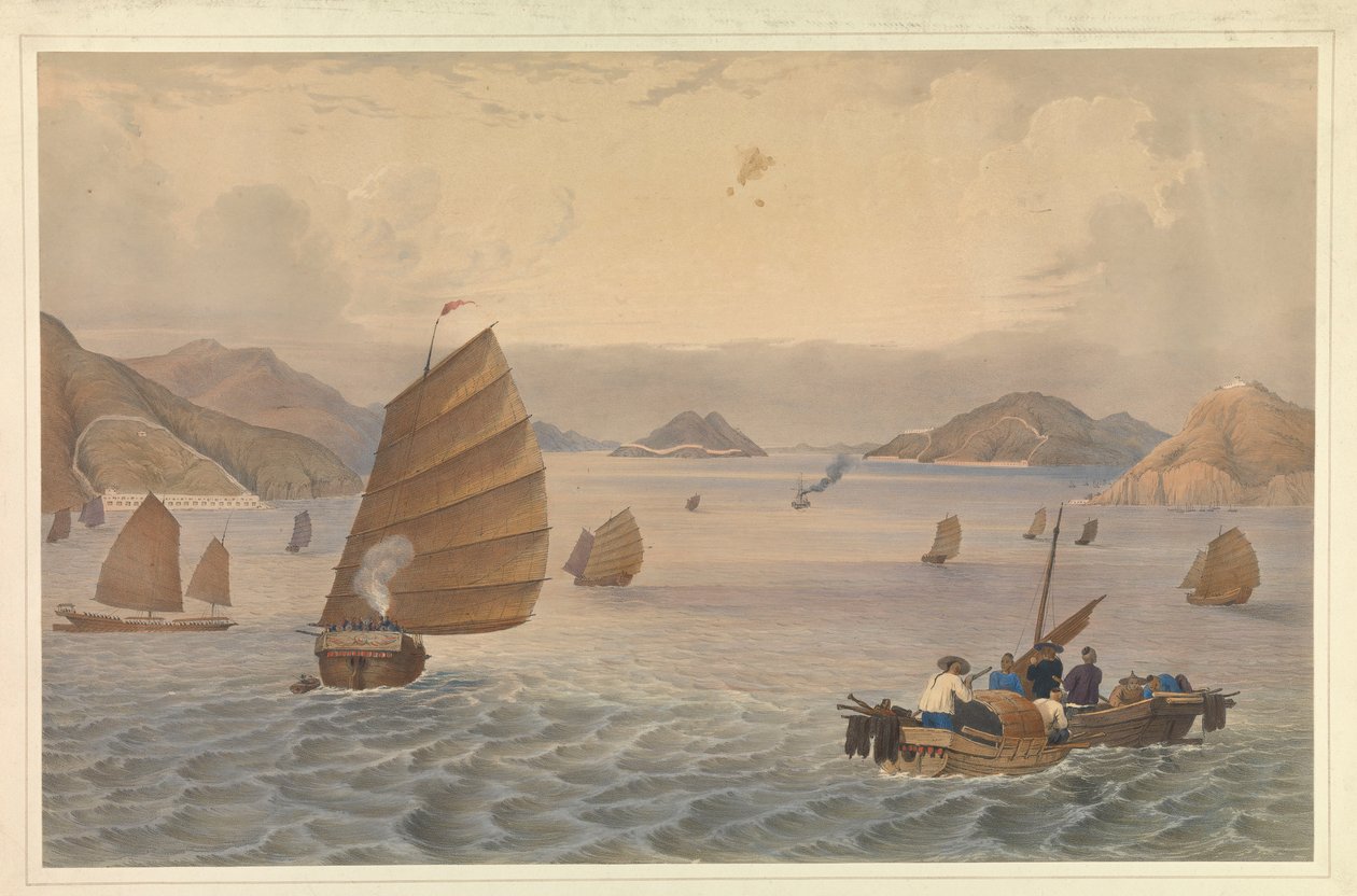 广州河作战。Bocca Tigris 或广东河第一关的堡垒和炮台；H.M. Steam Ship, Vulture 船长 Macdougall 带领第 18 皇家爱尔兰部队通过炮台 作者 未知艺术家