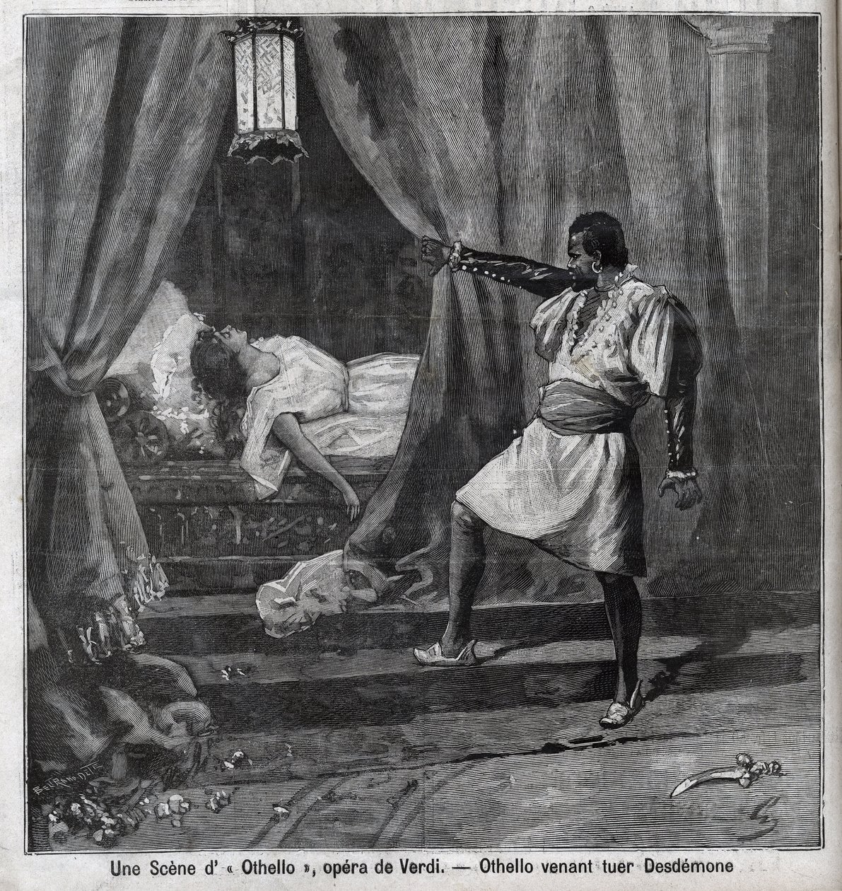 奥赛罗刚刚在他的床上杀死了苔丝狄蒙。朱塞佩-威尔第（1813-1901）的歌剧《奥赛罗》场景 "Le Parisien "中的版画 作者 未知艺术家
